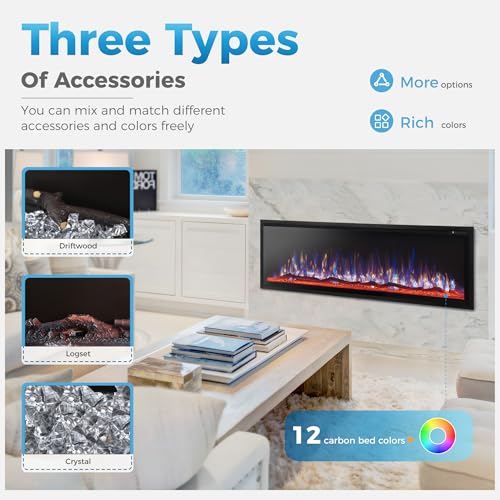 Image of 60 inch Electric Fireplace Inserts /Wall Mounted Ultra-Narrow Bezel Fireplace