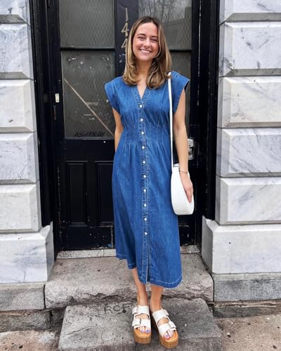 Women's Summer Denim Shirt Dress Lapel V Neck Cap Sleeve Jean Dress Button Down A-Line Long Dresses4