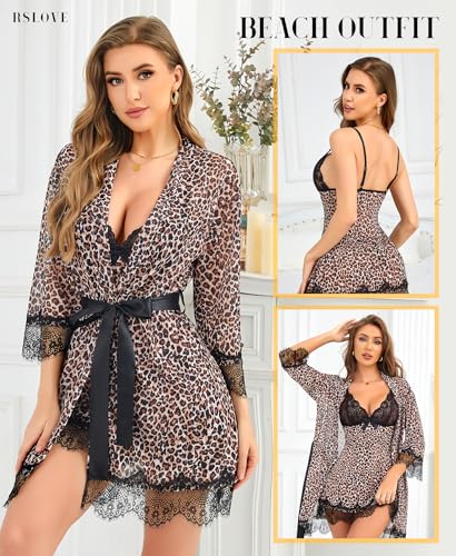 Image of RSLOVE Women Sexy Lingerie Set 3 Piece Babydoll & Lace Kimono Robe Strap Chemise Sleepwear Mesh Nightgown