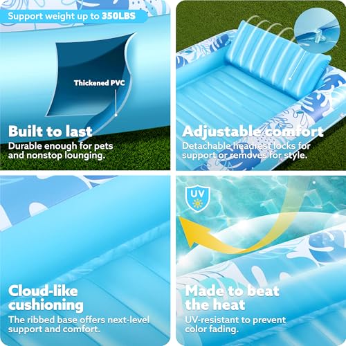 sloosh inflatable tanning pool lounger float 8534 x 5734 extra large pool floats adult with pillow 4 in 1 suntan tub raft floatiesunbathing bed lounge for water blow up ball pit party gifts xl-blue