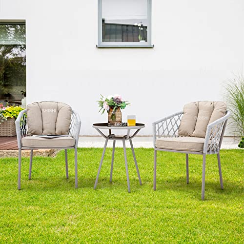 Image of BRISHI Garden Patio Seating Chair and Table Set Outdoor Balcony Garden Coffee Table Set Furniture with 1 Table and 2 Chairs Set with Cushion Braid & Rope (Grey)