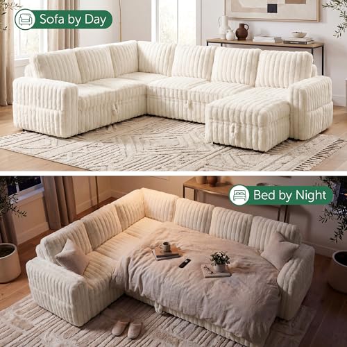 Image of HONBAY Plush Corduroy Modular Sectional Sofa with Pull Out Bed, Convertible U Shaped Couch with Storage,Sleeper Sectional Couches for Living Room,Plush Beige