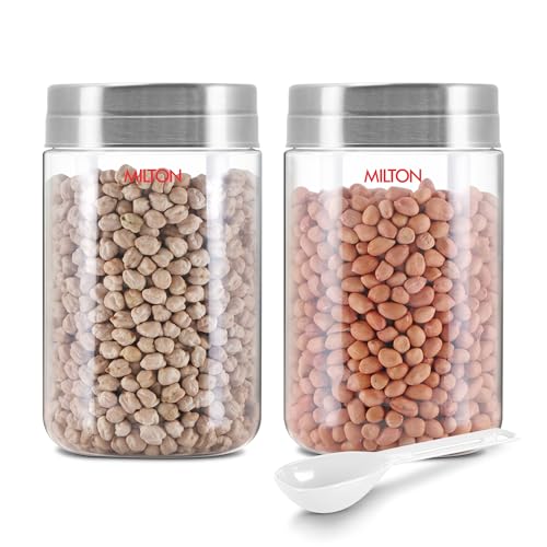 Image of MILTON Steel Seal 2000 Airtight Food Grade Modular Plastic Container | BPA Free, Stackable & Transparent | Wide Mouth with See-Through Lid | Ideal for Cereals, Pulses, Spices, Set of 2, 2000 ml each