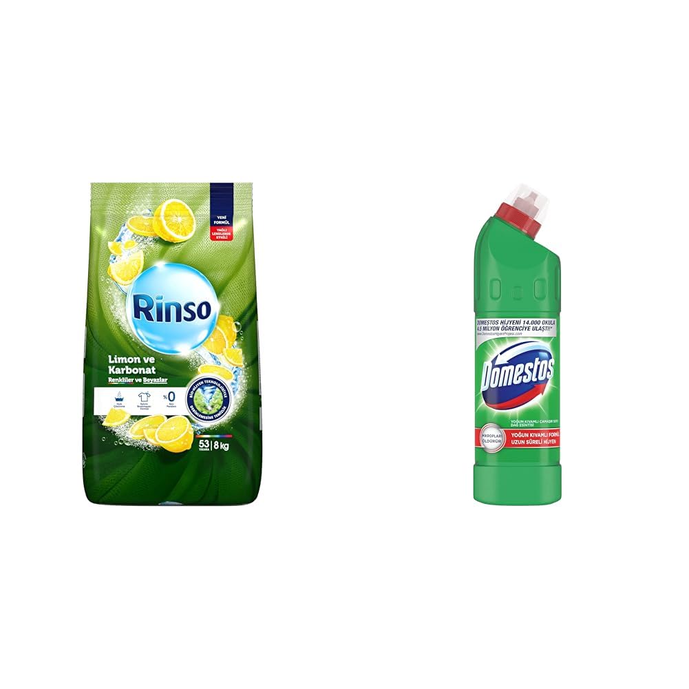 Rinso Toz Çamaşır Deterjanı Limon ve Karbonat Renkliler ve Beyazlar İçin 8 KG(1) Domestos Yoğun Kıvamlı Çamaşır Suyu Maksimum Hijyen Dağ Esintisi, 750 ml(2)