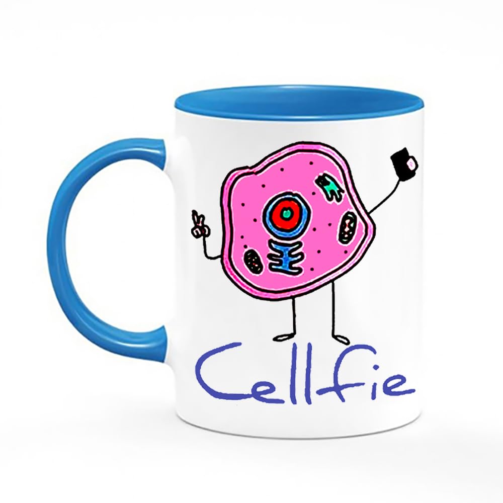 Crunchy Carrots Biology Teacher Mug - Cellfie Mug - Funny Cell Taking a Selfie 11 oz Coloured Handle Mug (Blue)