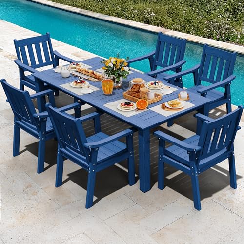 Image of YEFU HIPS Patio Table Set: 7 Piece Outdoor Table and Chairs Dining Furniture Set with Umbrella Hole - Blue Modern Plastic Dining Sets 6 Person for Outside Deck with Metal Aluminum Frame
