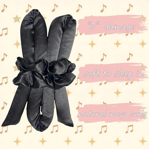 Serenade Satin Heatless Curls Overnight for Long Hair, Heatless Hair curler for Women and Girls, No Heat Curling Rods with Satin Scrunchies and Clip, Black