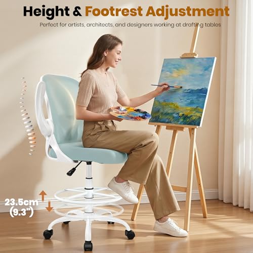 Image of Primy Drafting Chair Tall Office Chair with Flip-up Armrests Executive Ergonomic Computer Standing Desk Chair with Lumbar Support and Adjustable Footrest Ring(Light Blue)
