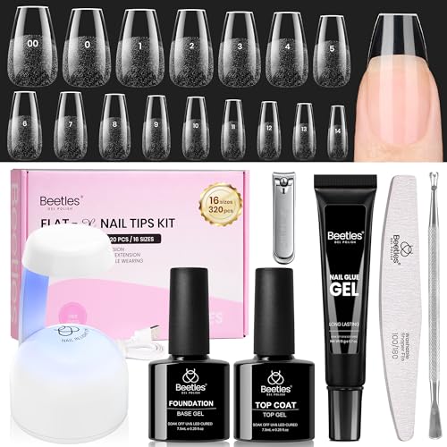 Gelab cosmetics LLC Beetles Gel Nail Kit Curve-EX, Almond Short, 320pcs 16 Sizes Nail tips, with 15g Nail Glue Gel Hands-Free, 7.5ml Base Gel & Top Coat, Mini Lamp, for Acrylic Press On Nail, Extension DIY Set at Home