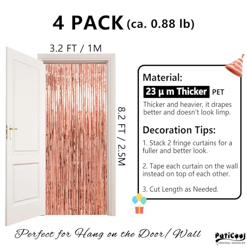 Image of Thicken Rose Gold Tinsel Backdrop 4 Pack 13.2x8.2 FT, Foil Fringe Curtains, Birthday Decorations for Women Girls, Bachelorette Bridal Shower Decorations