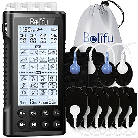 Belifu 4 Independent Channel TENS EMS Unit, 24 Modes,30 Level Intensity Muscle Stimulator Machine, Rechargeable Electric Pulse Massager with 10 Pads&5 Set Leads Wires, for Pain Relief Therapy(Black) Cover