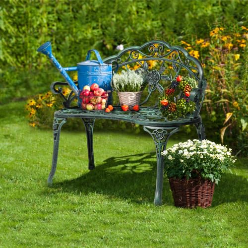 Bonnlo Gartenbank Metall Aluminium Rose, wetterfeste Sitzbank für 2 Sitzer, antike Sitzbank mit Rückenlehne, Bänke für Terrase, Balkon, Garten, Hof, antike Grün