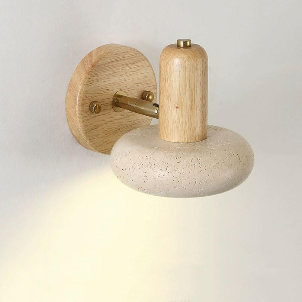 SXSCARKX Japanese Wooden Wall Lamp Wabi Sabi Bedroom Light With Yellow Travertine Scandinavian Indoor Lighting Fixture Mid Century Minimalism LED 3000K Natural Stone Mounted