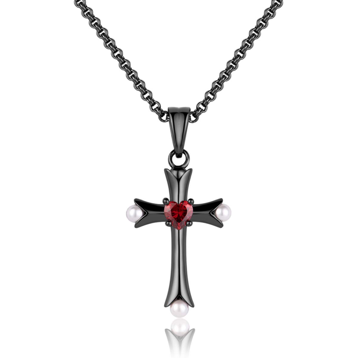 Karseer Heart Charm Birthstone Crystal and White Pearl Cross Pendant Necklace Christian Religious Jewelry for Women, 16" to 18" Adjustable