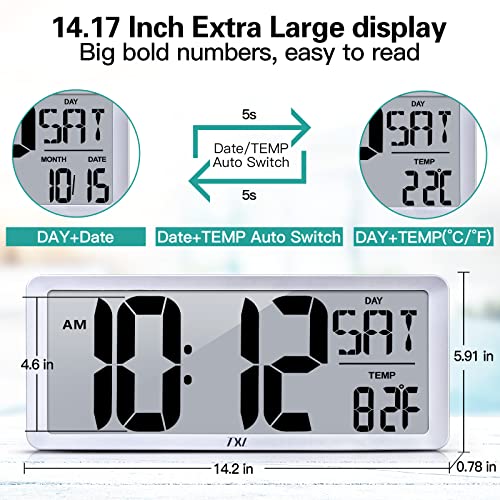 TXL Large Digital Wall Clock with Backlight, 14.17" Battery Operated