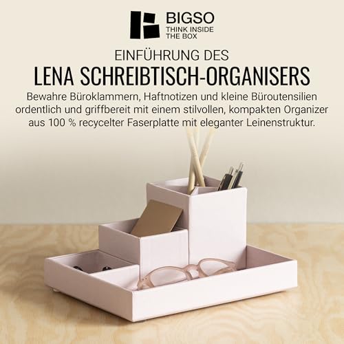 BIGSO BOX OF SWEDEN LENA Schreibtisch Organizer für Stifte, Büroklammern, Haftnotizen usw. – Sortierkasten mit 4 Fächern – Ordnungssystem aus Faserplatte und Papier in Leinenoptik – rosa