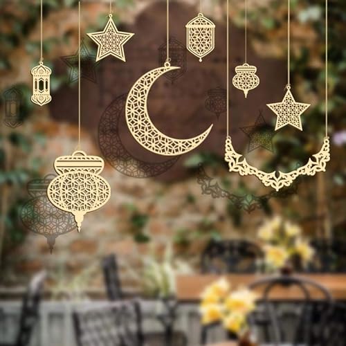 Image of Cliths Set of 8 Ramadan Decorations Wooden Hanging Ornaments for Eid Mubarak Islamic Home Decor Crescent Moon, Star, Lantern Eid Festival Decorations Car, Window, Door Hanging