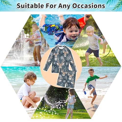Reindeer Head Snow Boys Swimsuit Rash Guard Toddler Kids Long Sleeve Swim Shirt and Trunks Swimwear Set 3-10Y4