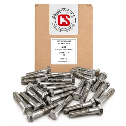Image of Chenango Supply 3 /8-16 x 1-3 /4 inch Stainless Steel Hex Head Bolts - 304 Stainless, USS Coarse Thread, 100,000-125,000 PSI Tensile Strength, Corrosion-Resistant Hardware Bolts, (25 Pieces, 3 /8-16 x 1.75)