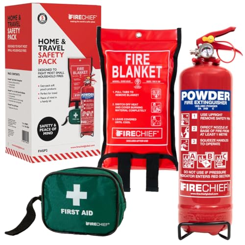 Firechief Travel Safety Kit - Home Fire Safety Pack - Caravan and Campervan Essentials - 1kg Powder Extinguisher Fire Blanket First Aid Kit - Car Essentials - Home & Travel Accessories Emergency Pack