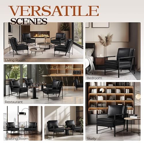 Image of Yaheetech Mid-Century Modern Accent Chairs Set of 2, Black | Oversized Faux Leather Chair with Soft Cushion, Ergonomic 105 Back, Reading Chair for Living Room, Bedroom and Waiting Room