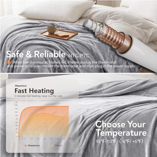 Image of Wapaneus Foot Pocket Heated Blanket Electric Throw with 10 Heating Levels and 4 Timer Settings 4 Hours Auto Shut Off, Flannel Fast-Heating Heated Throw 50 inch x 60 inch, ETL Listed Machine Washable, Grey