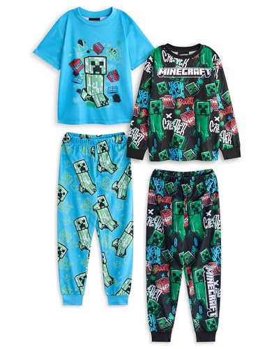 Minecraft Jungen 2er-Pack Pyjama-Set | Mehrfarbige Pyjamas mit Graffiti-Allover-Print für Kinder im Multipack | Langbeinige Nachtunterteile und -Oberteile für Kinder TNT- und Creeper