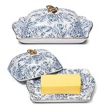 Ceramic Butter Dish, Hand Painted Blue Flower Design - Fridge Or Countertop - Container Storage,...