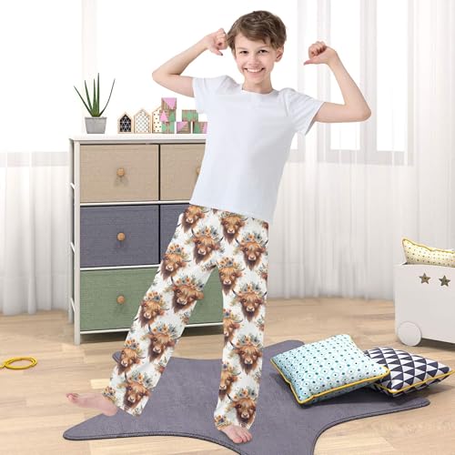 Cute Highland Cow Pattern Long Pajama Pants Elastic Waist PJ Bottoms with Pockets S A113320 6