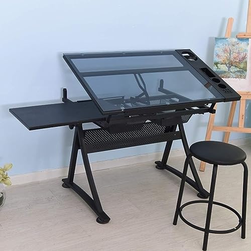 Tiltable Drawing Table, Adjustable Art Desk, with Storage Craft Table, Drafting Table Glass Panel, Adult Drawing Desk