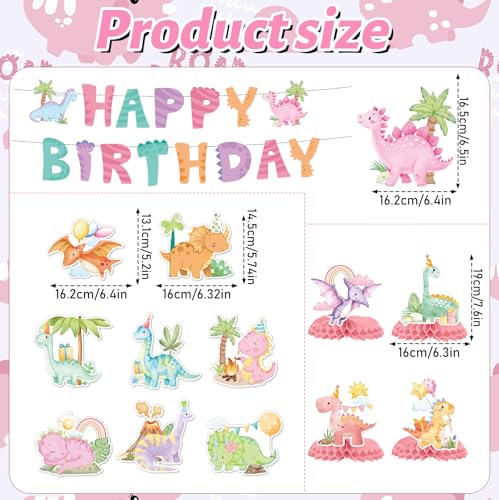 Image of Girl Dinosaur Party Decorations, 14 PCS Pastel Dino Happy Birthday Banner Hanging Swirls Table Decor, Pink Girly Cute Dinosaur Bday Party Supplies