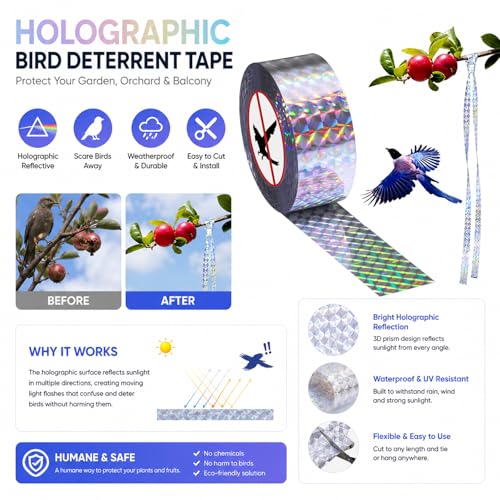 Image of 100m Reflective Bird Deterrent Tape, Pigeon Scarer Ribbon for Garden and Orchard Protection, Pigeon Repellent for Balcony and Courtyard, 2.4cm Wide
