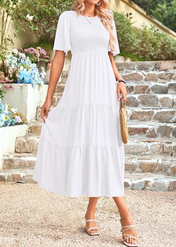 Image of KIRUNDO Summer Dresses for Women 2026 Spring Casual Flutter Short Sleeve Wedding Guest Smocked Flowy Tiered Aline Midi Dress