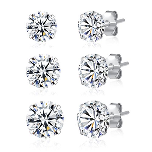 3 Pairs 925 Sterling Silver Cubic Zirconia Stud Earrings 4mm-5mm-6mm Set Men Women