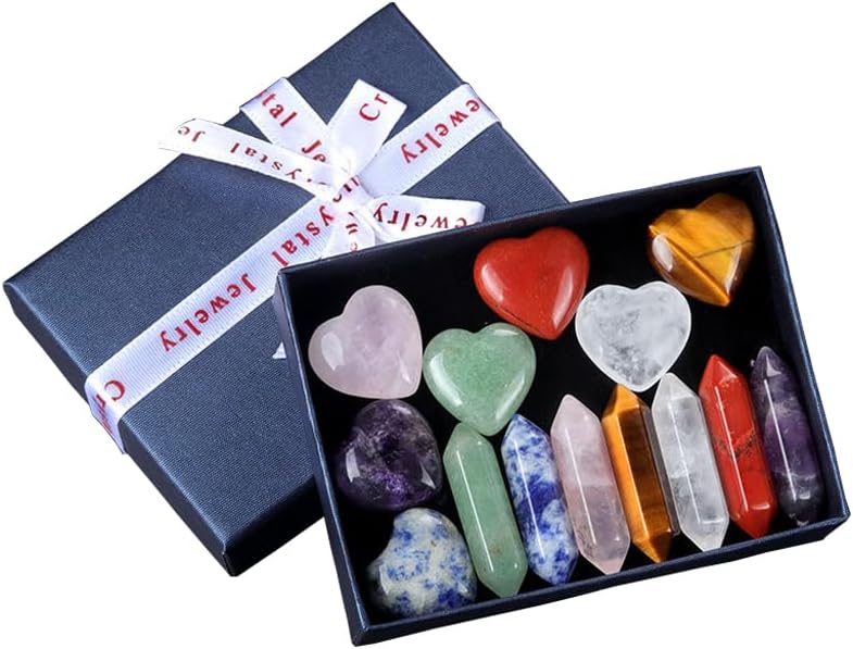 TORONG 14 unidades de cristales curativos de 1.3 pulgadas y piedras de amor de corazón de 0.8 pulgadas, juego de piedras preciosas de energía Reiki,