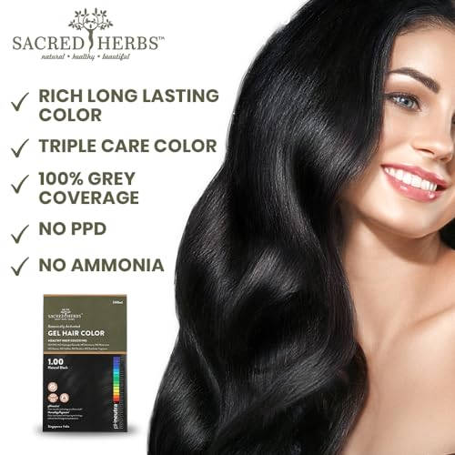 Image of SACRED HERBS Natural Gel Hair Color, Premium Pack | India's 1st pH Neutral Formula | Ammonia, PPD & Paraben Free | 20+ Herbal Actives, 100% Grey Coverage | Conditioning & Damage Free, For Women | NATURAL BLACK 1.00 | Pack of 2 ( 240ml + 20gm, EACH )
