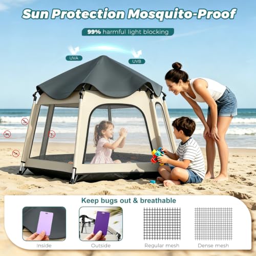 Image of Foldable Baby Playpen with Canopy: Durable 450D Oxford & Aluminum, Beige | Pop-Up Play Tent, Easy Setup, UPF50 Sun Protection, Lightweight, Mosquito Net, for Beach Travel Outside Indoor, for Kid & Pet