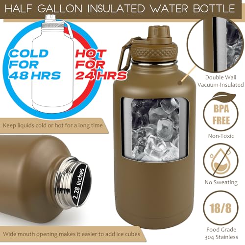 Image of Half Gallon Water Bottle with Sleeve - 64 Oz Insulated Water Jug with Handle - Green Stainless Steel Sports Water Bottle for Gym Workout Hiking Tactical Bottle Holder with Pouch Khaki