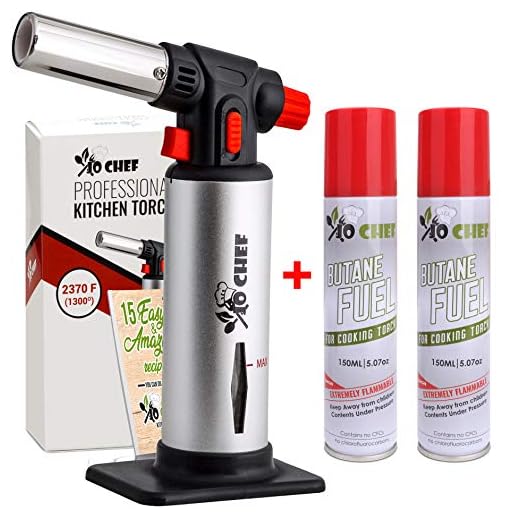 Kitchen Torch With Butane included - Refillable Butane Torch With Safety Lock & Adjustable Flame + Fuel gauge - Culinary Torch, Creme Brulee Torch for Cooking Food, Baking, BBQ, 2 Cans Included