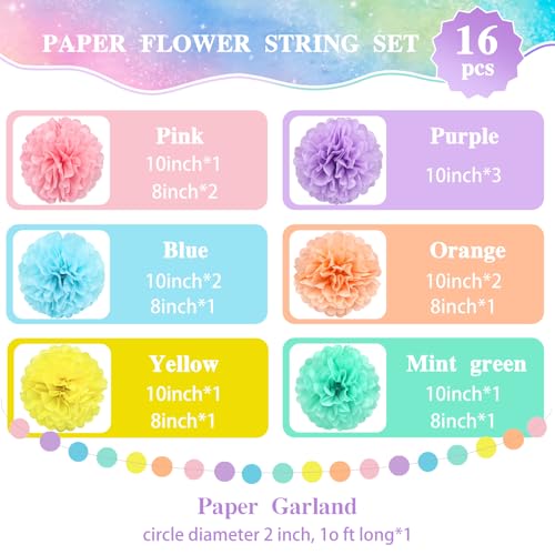 Image of KAXIXI Macaron Colored Tissue Paper Pom Poms, Pastel Paper Pom Poms Circle Garland for Easter Party, Ice Cream Party Decorations, Wedding, Birthday, Bridal Shower, Bachelorette, Baby Shower, 16PCS