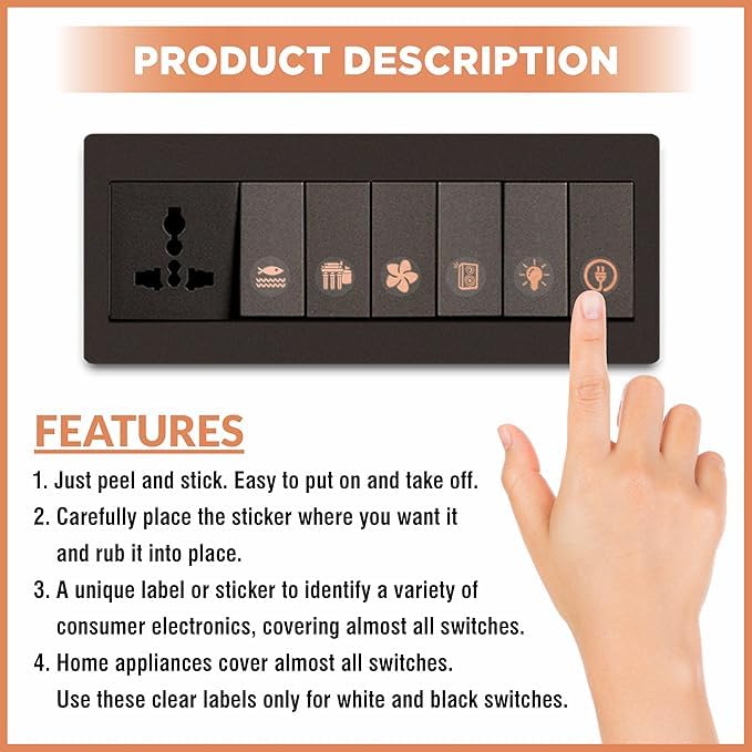Image of Golden Switch Board Stickers for Home and Office - 330 Self Adhesive Electric White Switch Board Covers, Vinyl Transparent Stickers for Lightbulb, Fan, AC, Stickers (Rose Gold s)
