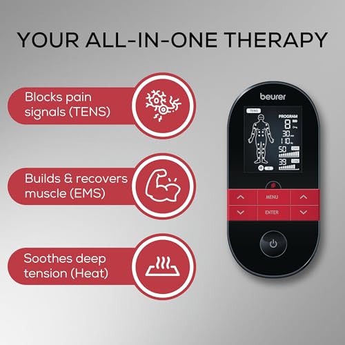 Image of Beurer EM59 Digital TENS /EMS Device with Heat, 4-in-1 stimulation device for pain therapy muscle stimulation, massage and heat therapy 4 electrodes 70 programmes 50 intensity levels
