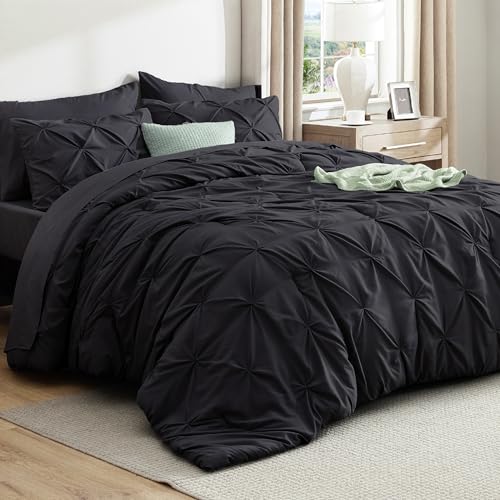 Image of Bedsure Oversized King Comforter Set Black - Bed in a Bag Bedding Set 7 Pieces, GentleSoft Pintuck Bed Set Gift for Family, Pinch Pleat Black Comforter with Sheets, Pillowcases & Shams