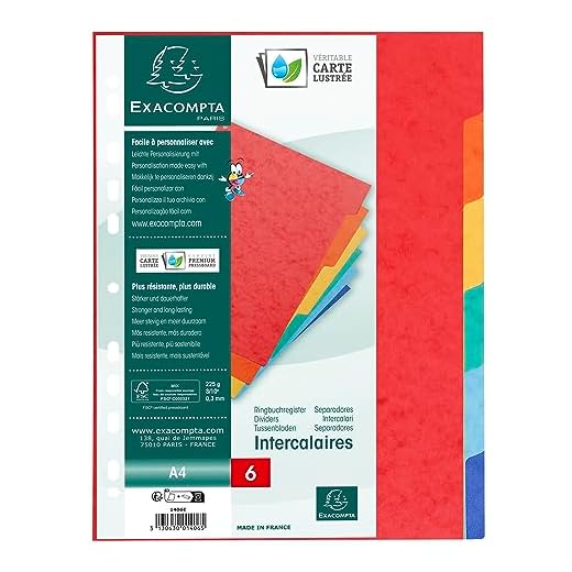 Exacompta 1406E - Juego de 6 separadores de cartulina lustrada DIN A4, colores vivos