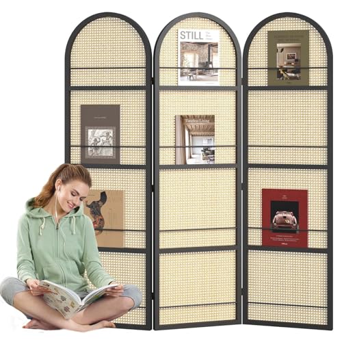 Rattan Room Divider with Bookshelf and Privacy Screen
