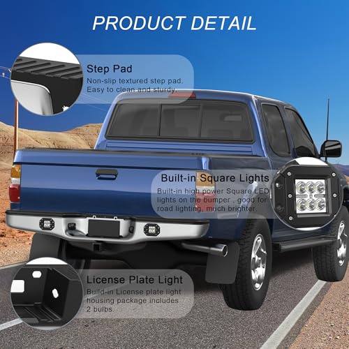 KUIPERAUTO Chrome Rear Step Bumper Assembly Compatible for 1995-2004 Toyota Tacoma Pickup with LED Square Light Steel Complete Back Bumpers by KUIPERAUTO - Used condition - Image 3