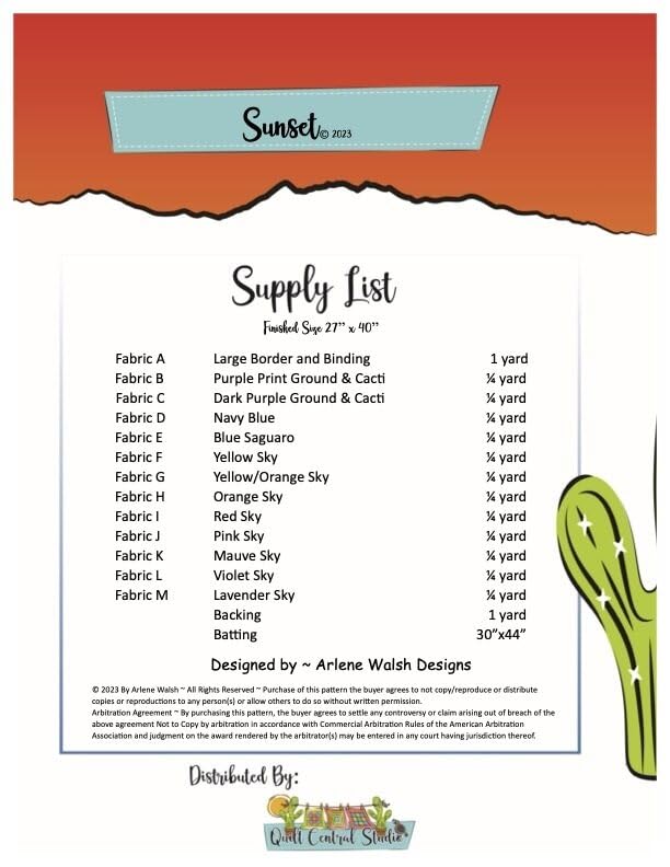 Generic Sunset Quilt Patern from Arlene Walsh Designs, Southwest Pattern, QCS628097