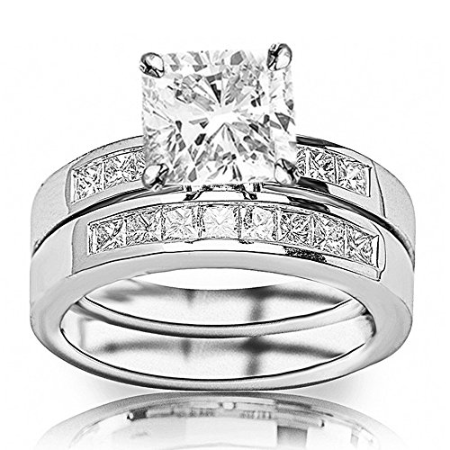 14K White Gold 1.75 Carat LAB GROWN DIAMOND Classic Channel Set Princess Cut Cushion Cut Diamond Engagement Ring and Wedding Band Set (G-H Color VS2-SI1 Clarity 1 Ct Center)