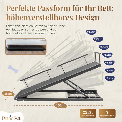 Hunderampe Bett PRIORPET aus Birkenholz mit Sicherheitsgeländer - Höhenverstellbare hundetreppe für Betten bis zu 94.5cm - Klappbar - Anti-Rutsch-Griff - Für kleine Hunde bis zu 23kg - Schwarz