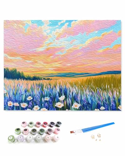 VamJump 数字油絵 手塗り 花 風景 花の海 青い花 油絵 DIY絵 初心者 時間をつぶす 壁飾り アートクラフト 絵画手芸キッ 絵の具をつける 塗りつぶし掛け 40x40cm